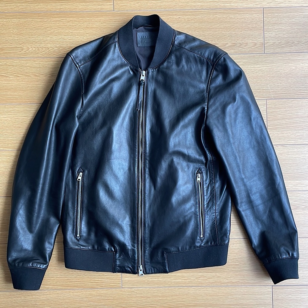 All Saints Black Leather Bomber Jacket